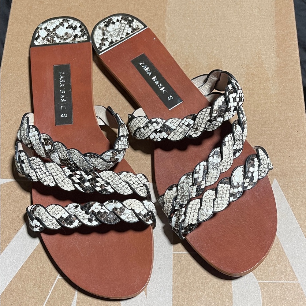 Zara White & Black Braided Snake-Print Slide Sandals
